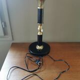 Pied de lampe vintage en cuir noir et laiton