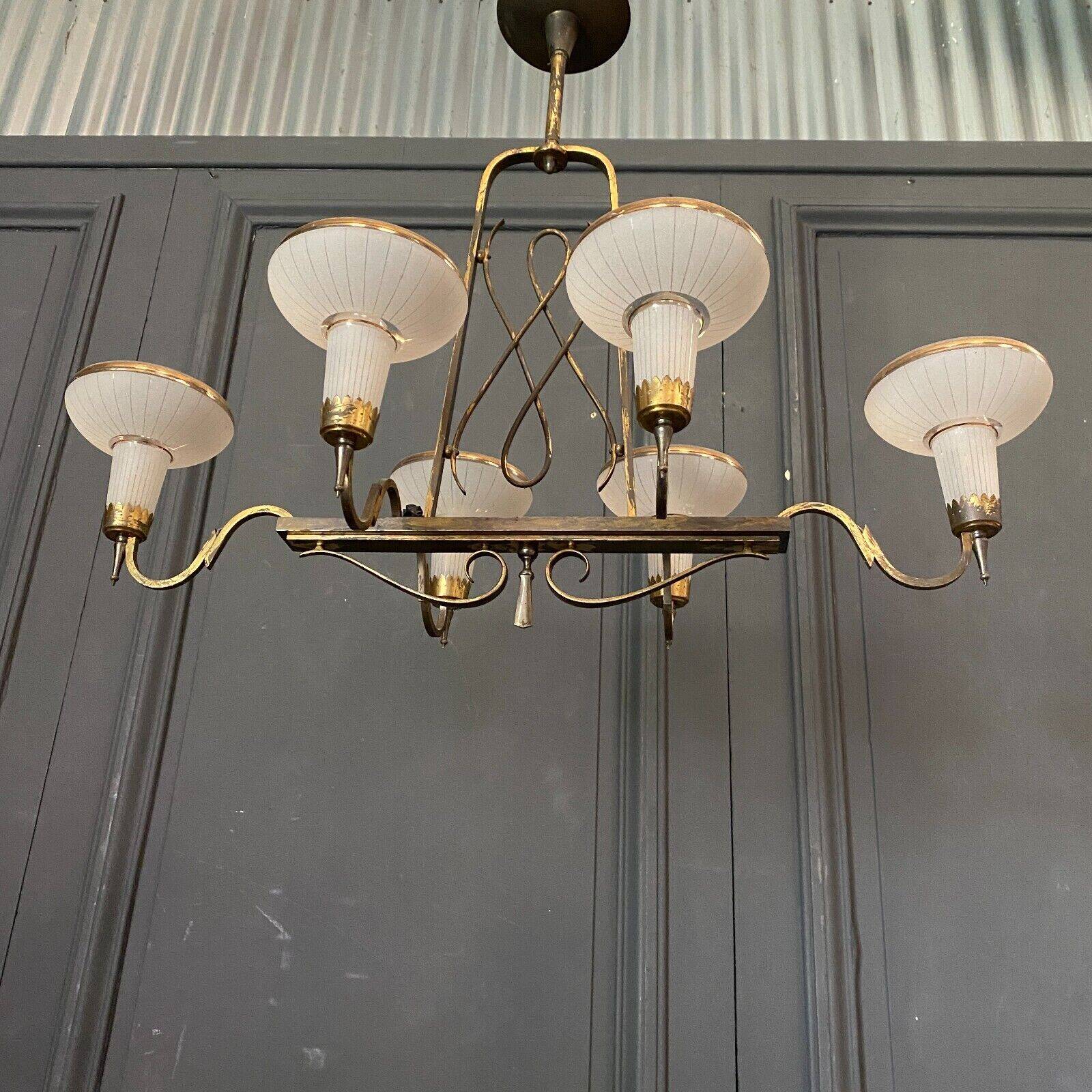 Chandelier in gilded metal 1950 6 lights cut in frosted glass