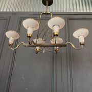 Chandelier in gilded metal 1950 6 lights cut in frosted glass