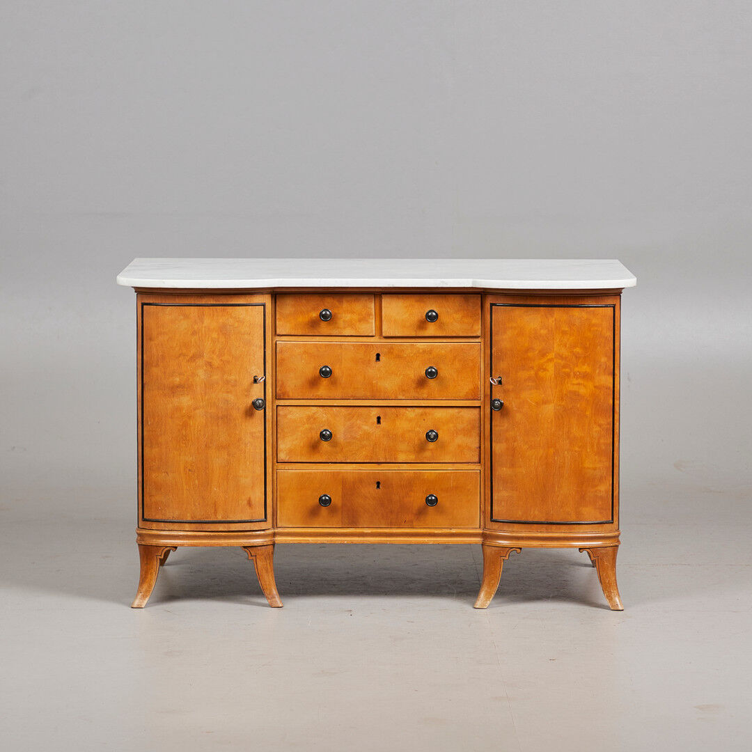 Antique cherry wood chest of drawers with marble top, 1920's
