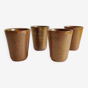 Set of 4 vintage Digoin brown stoneware glasses / timpani