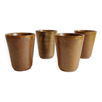 Set of 4 vintage Digoin brown stoneware glasses / timpani