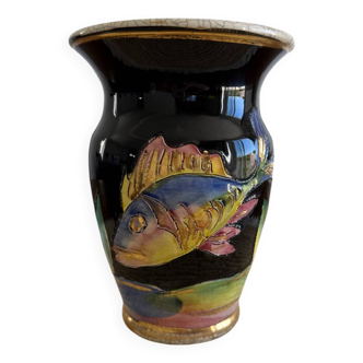 Vintage Vallauris vase with fish decoration in relief