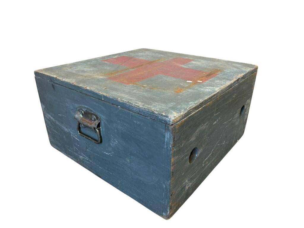 Vintage grey wooden chest with red cross 'first aid'