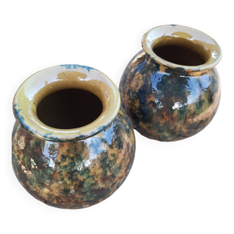Lot deux vases boule, poterie vernisée - signé / années 1970