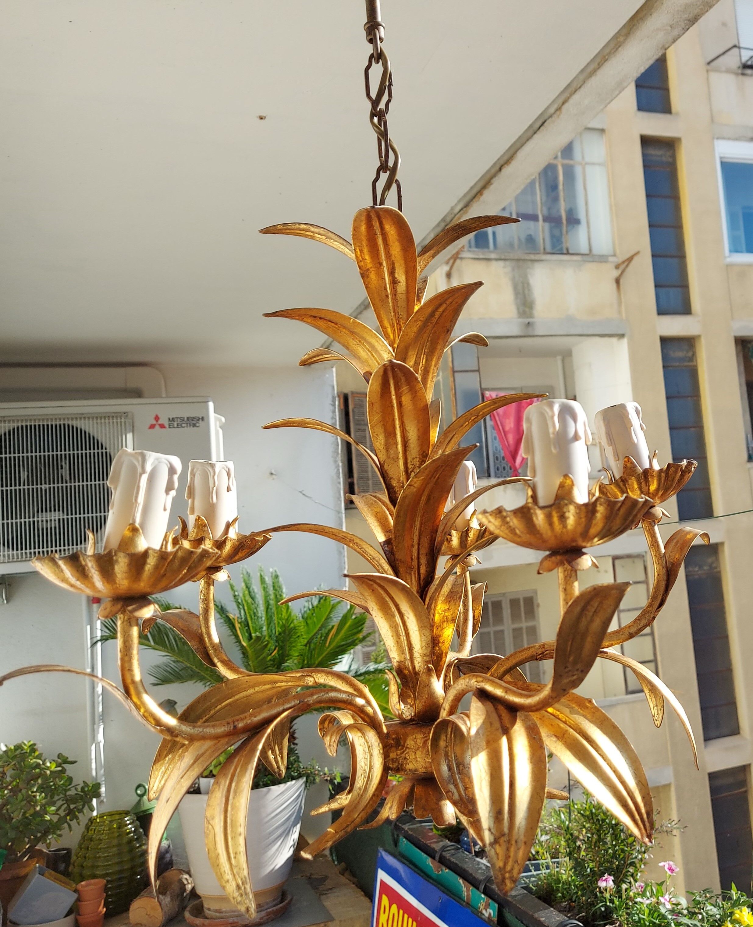 Chandelier gilded metal leaves by Hans Kogl, 1970's