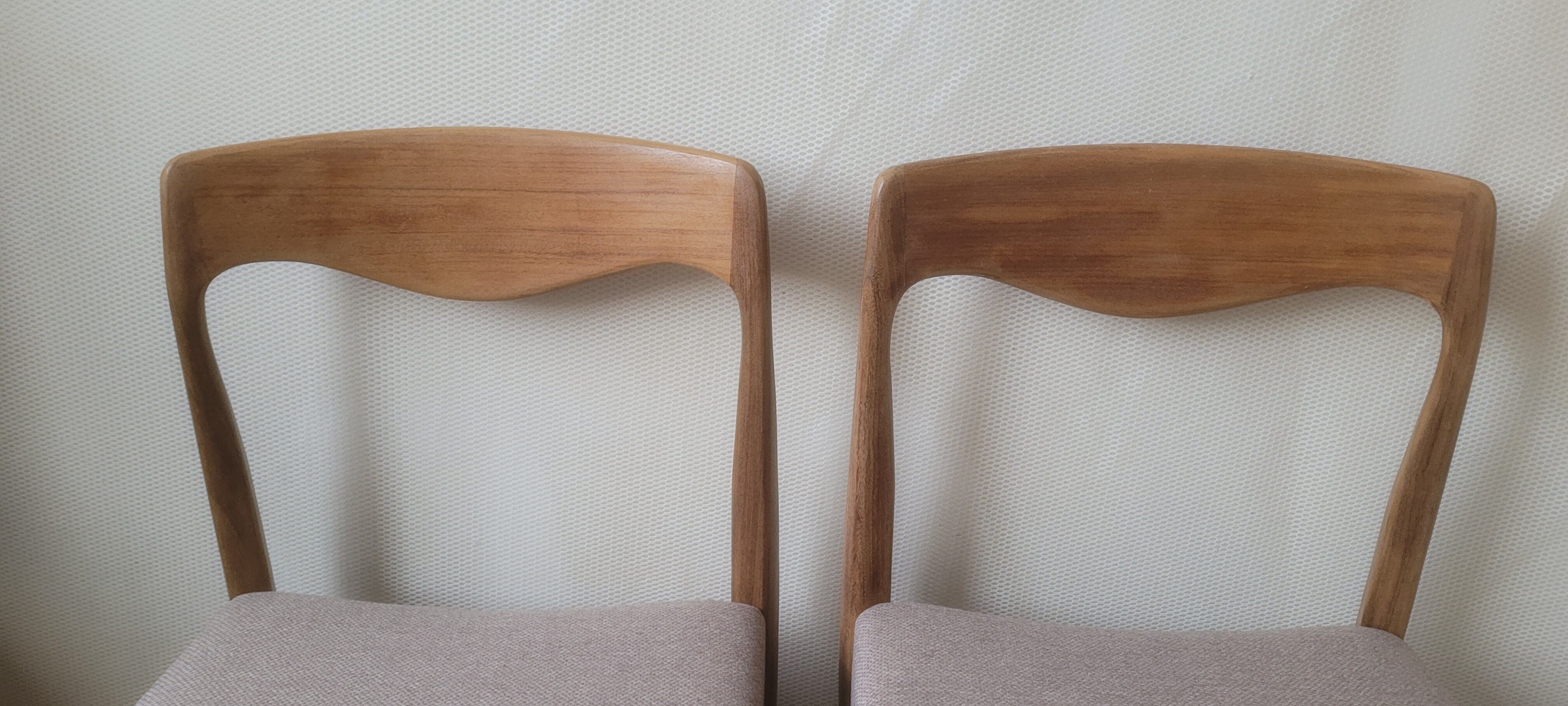 Pair of Scandinavian teak chairs sitting beige gray fabric