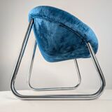 Pair of Italian Chrome and Blue Velvet Armchairs, 1970s