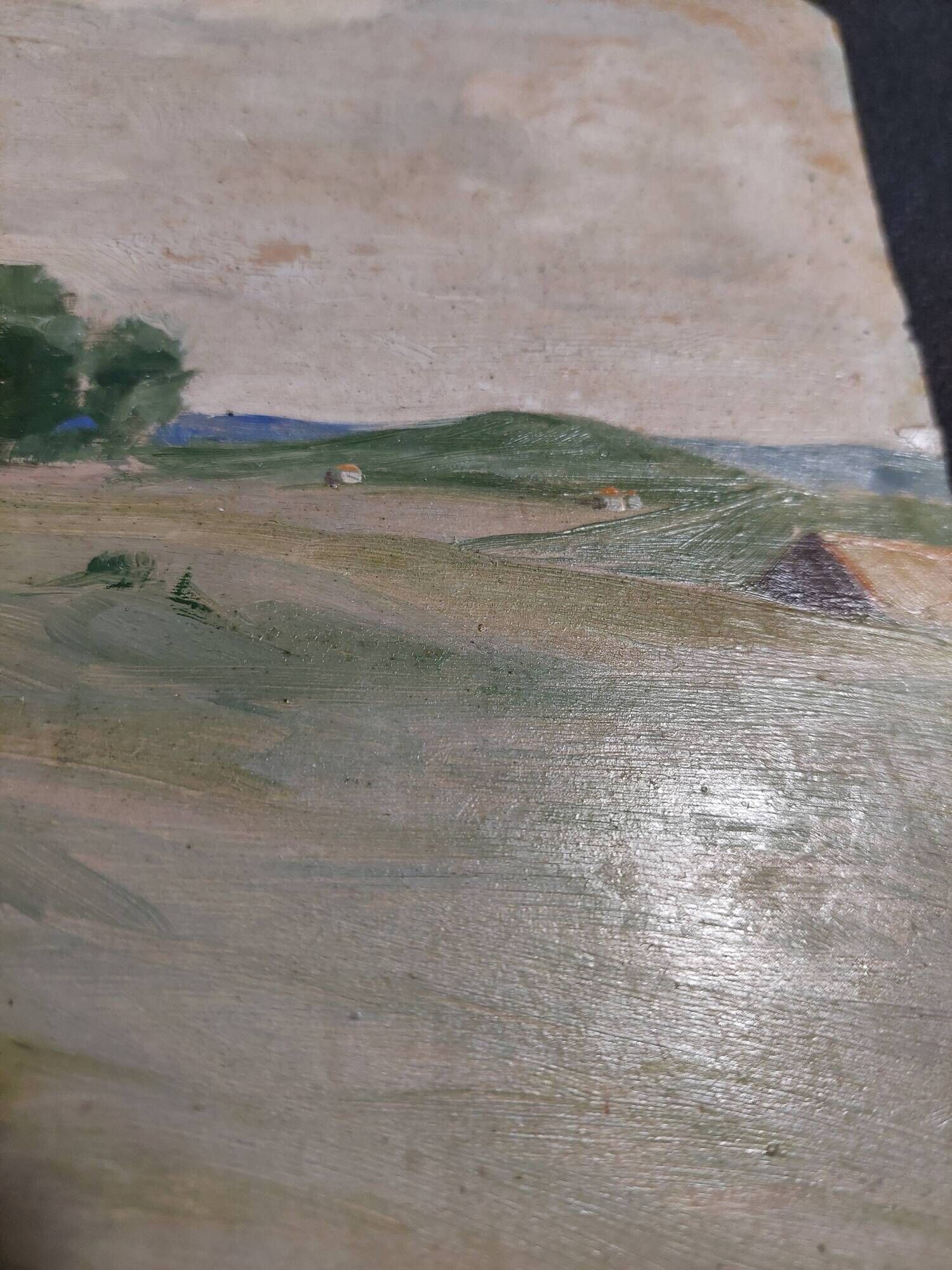 Oil painting on cardboard, rural landscape, early 20th century