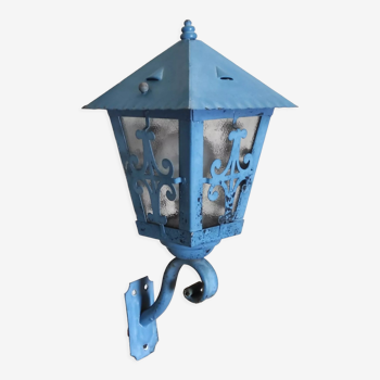 Ancienne applique vintage lanterne de hall et d'extérieur patine bleue pastel