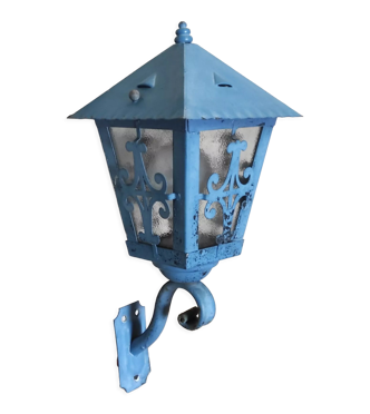 Ancienne applique vintage lanterne de hall et d'extérieur patine bleue pastel