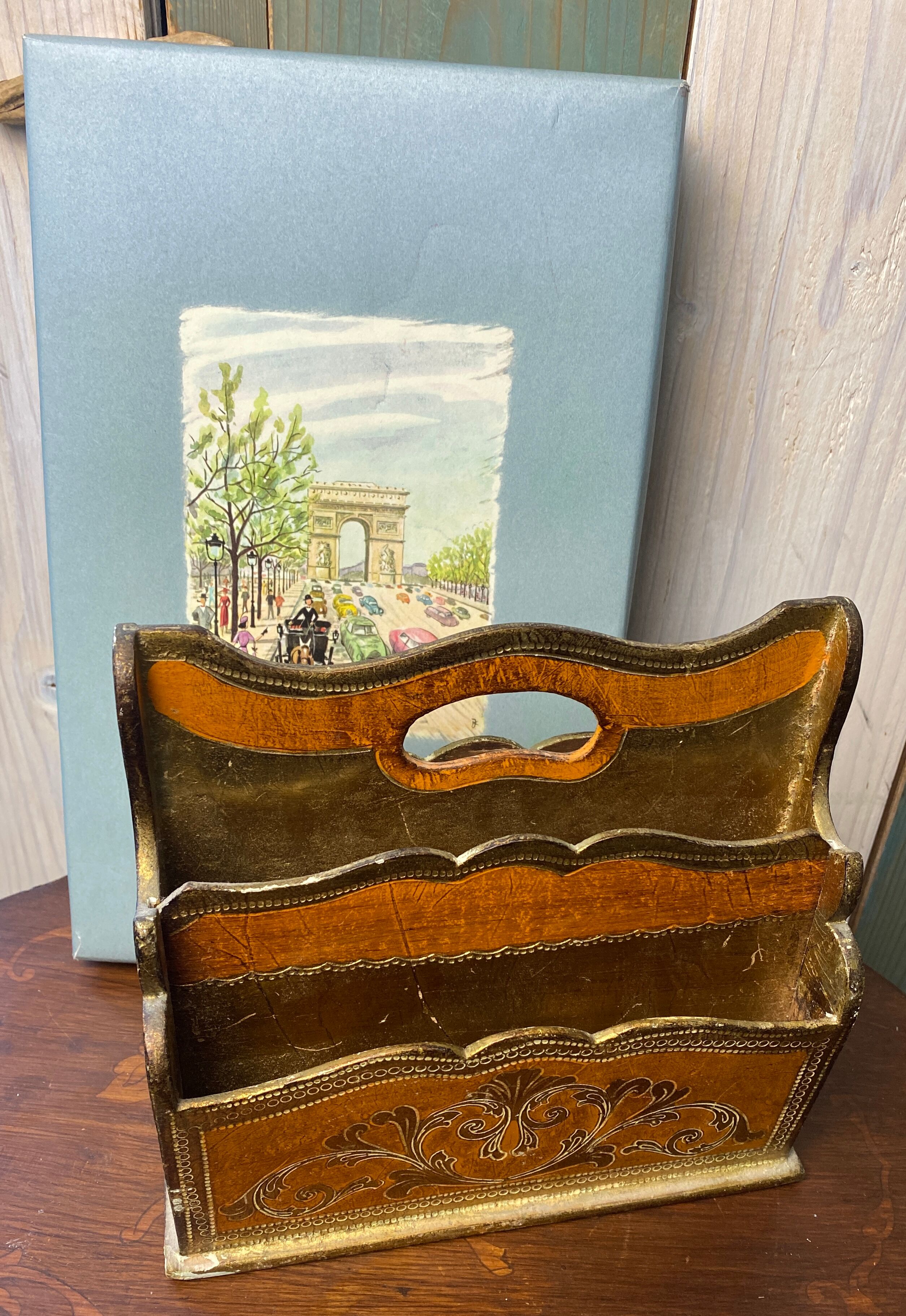 Small mail rack in old Florentine wood