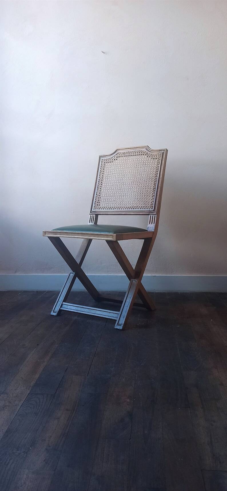 Set of 6 vintage French chairs in solid wood, canework and sky green