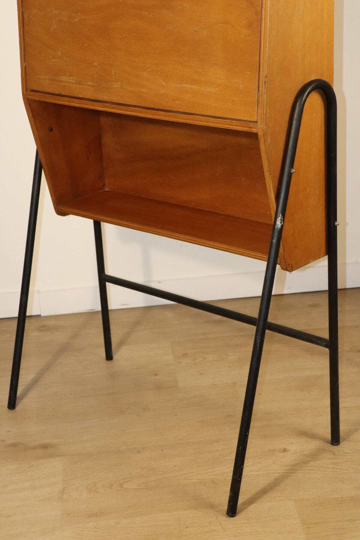 Vintage 1960s wooden secretary with metal legs.