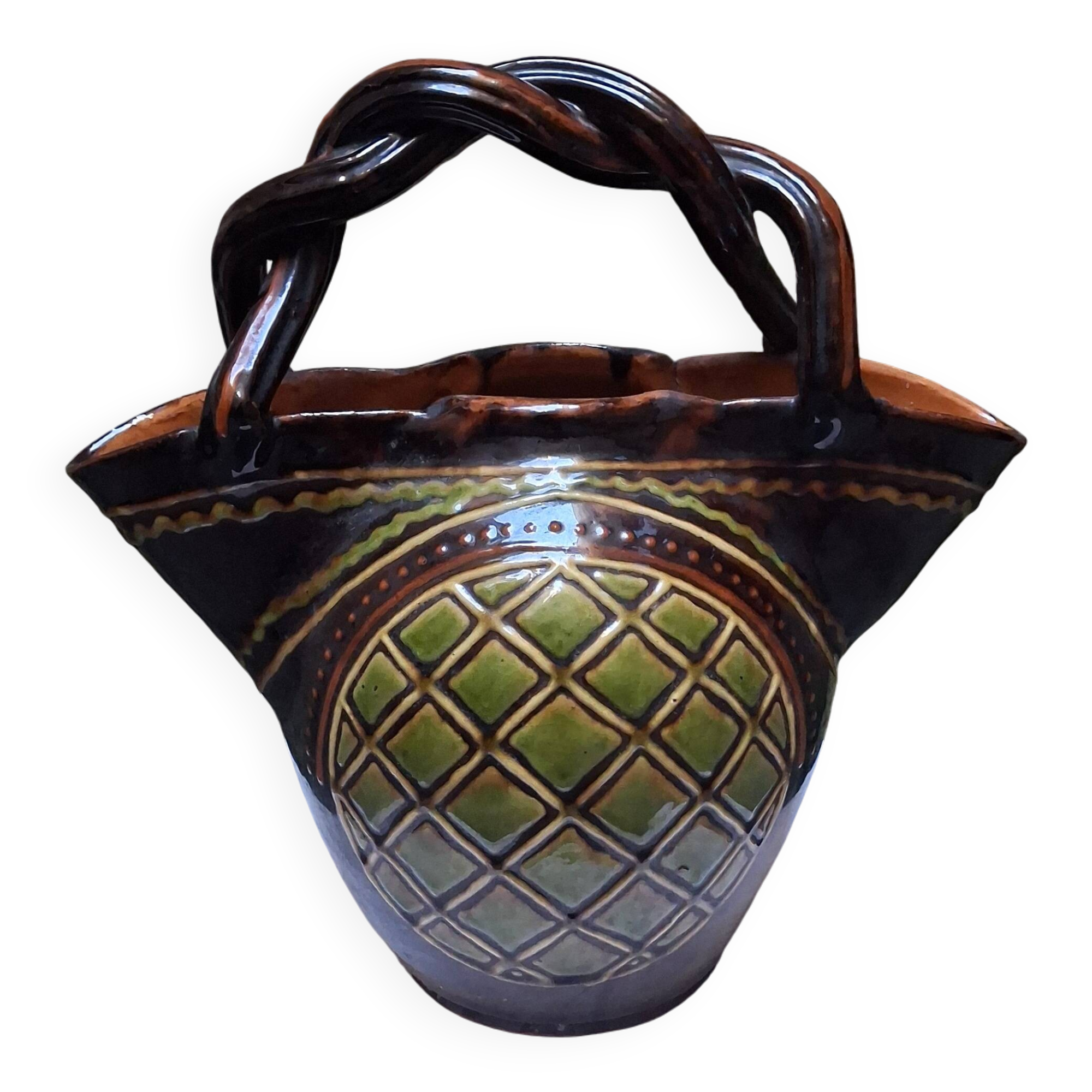 Vase, basket, in ceramic, woven handle