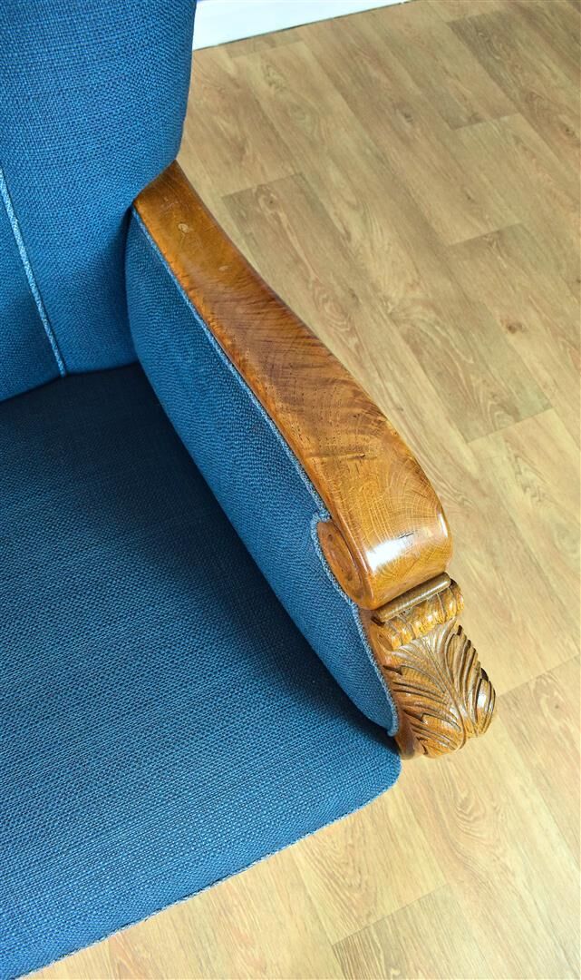 Mid century danish teal blue wool & oak club lounge chair