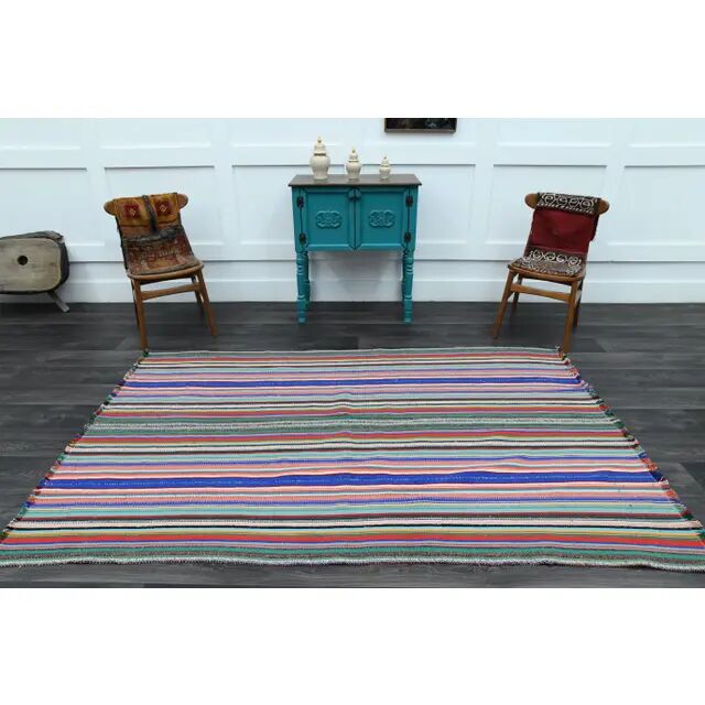 Vintage Turkish Oushak Handmade Wool Cotton Blue Pink Runner Rug 158x246