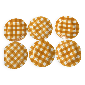 Set of 6 yellow/orange ceramic dessert plates with Scottish decor