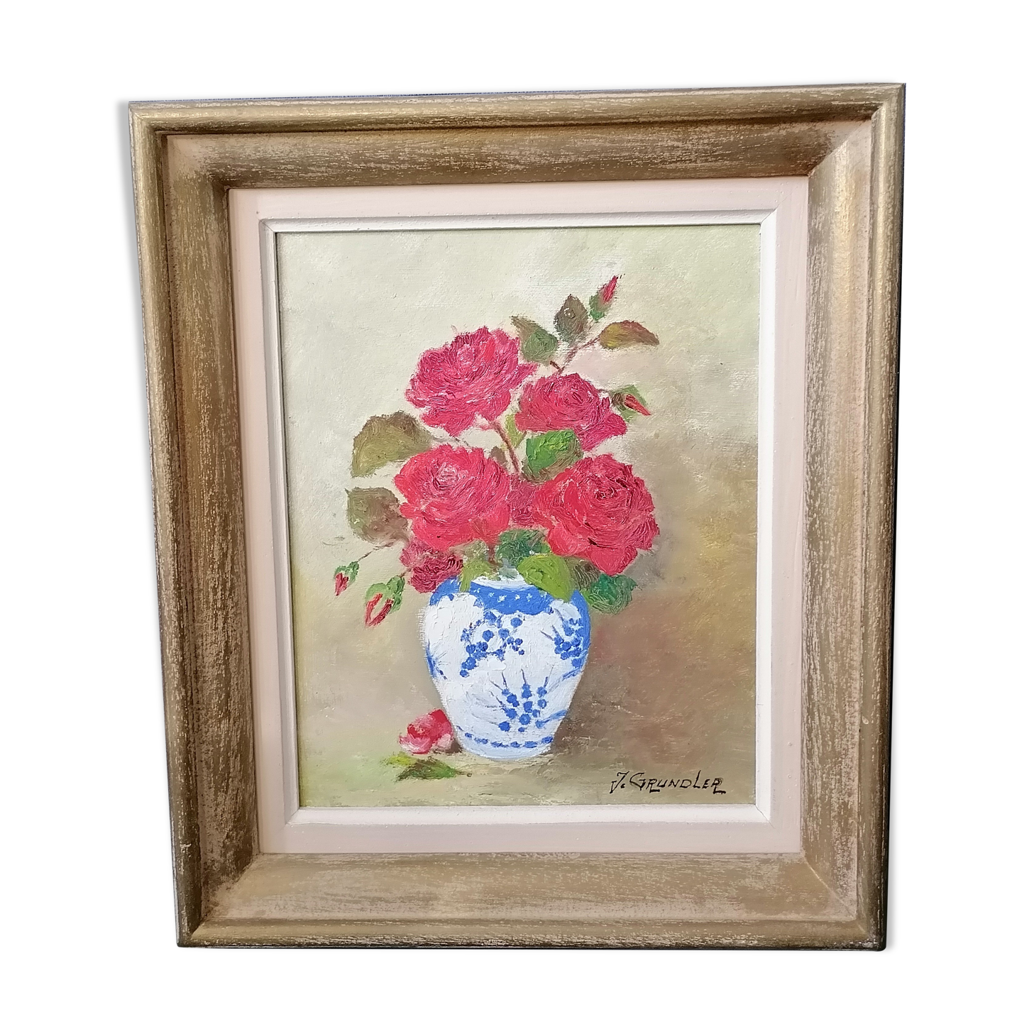 Flower bouquet painting Signed J Grundler