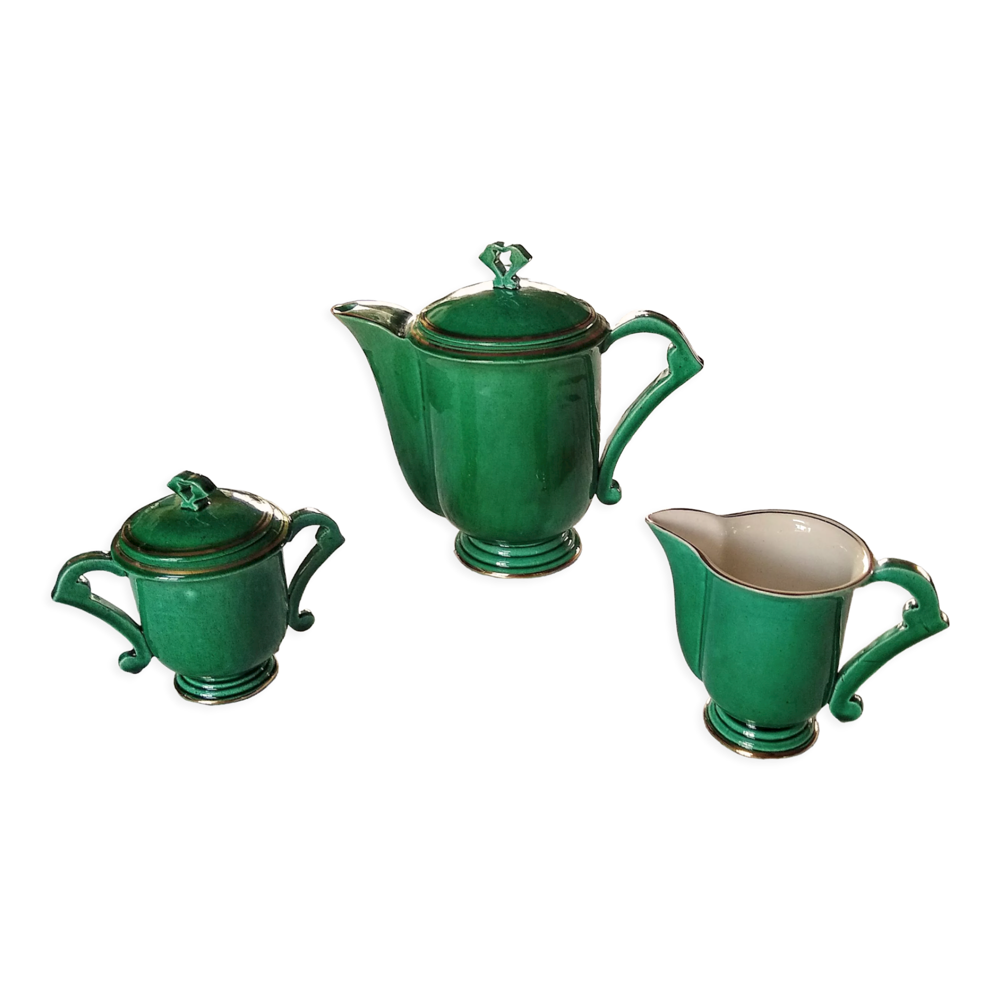 Coffee / tea maker, milk jug and Art Deco sugar bowl in green color