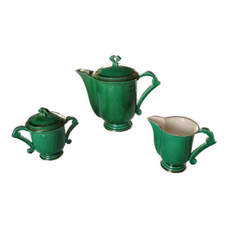 Coffee / tea maker, milk jug and Art Deco sugar bowl in green color
