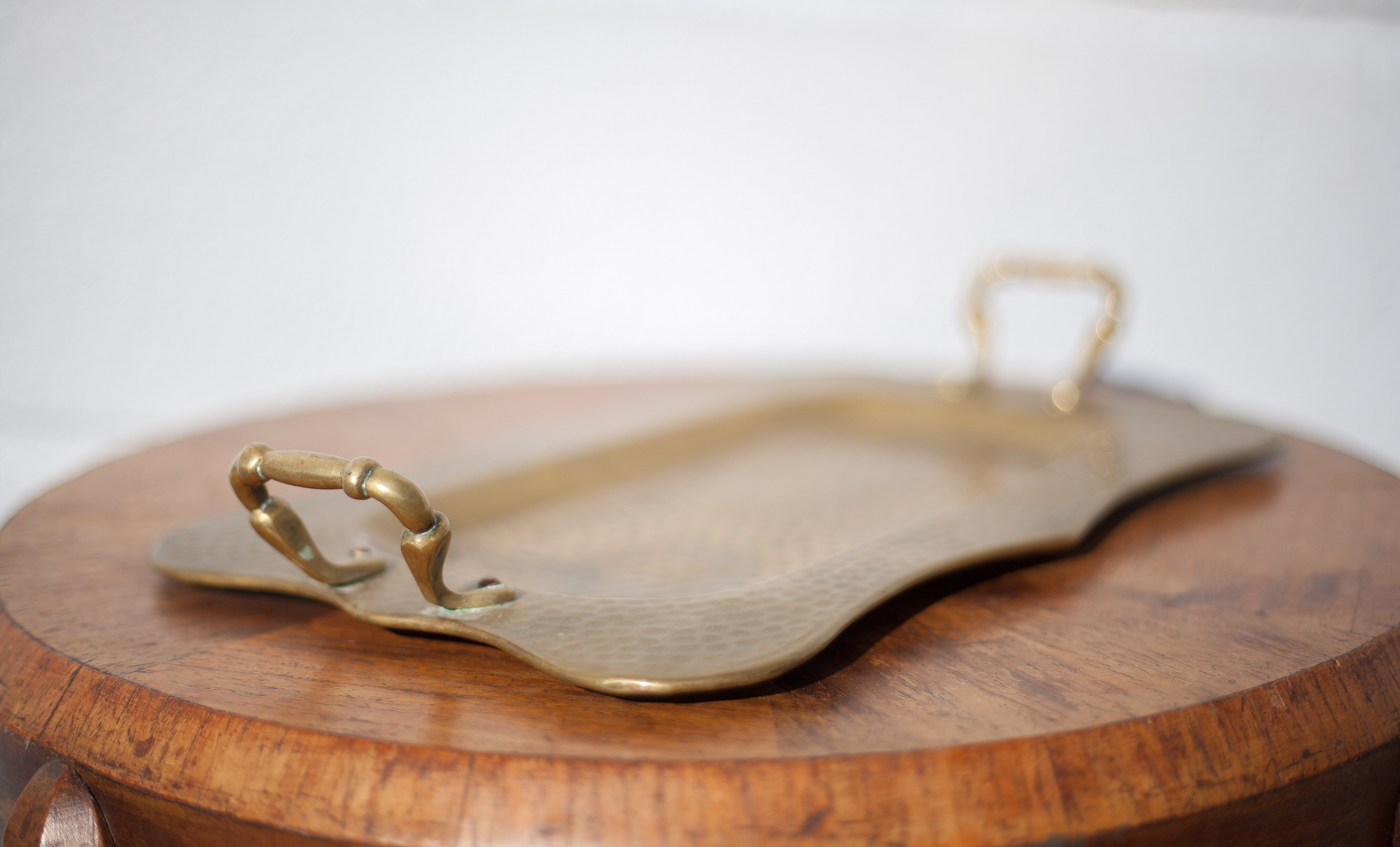 Vintage brass top, E.Roblin Villedieu Manche, handle tray, tableware, hammered top