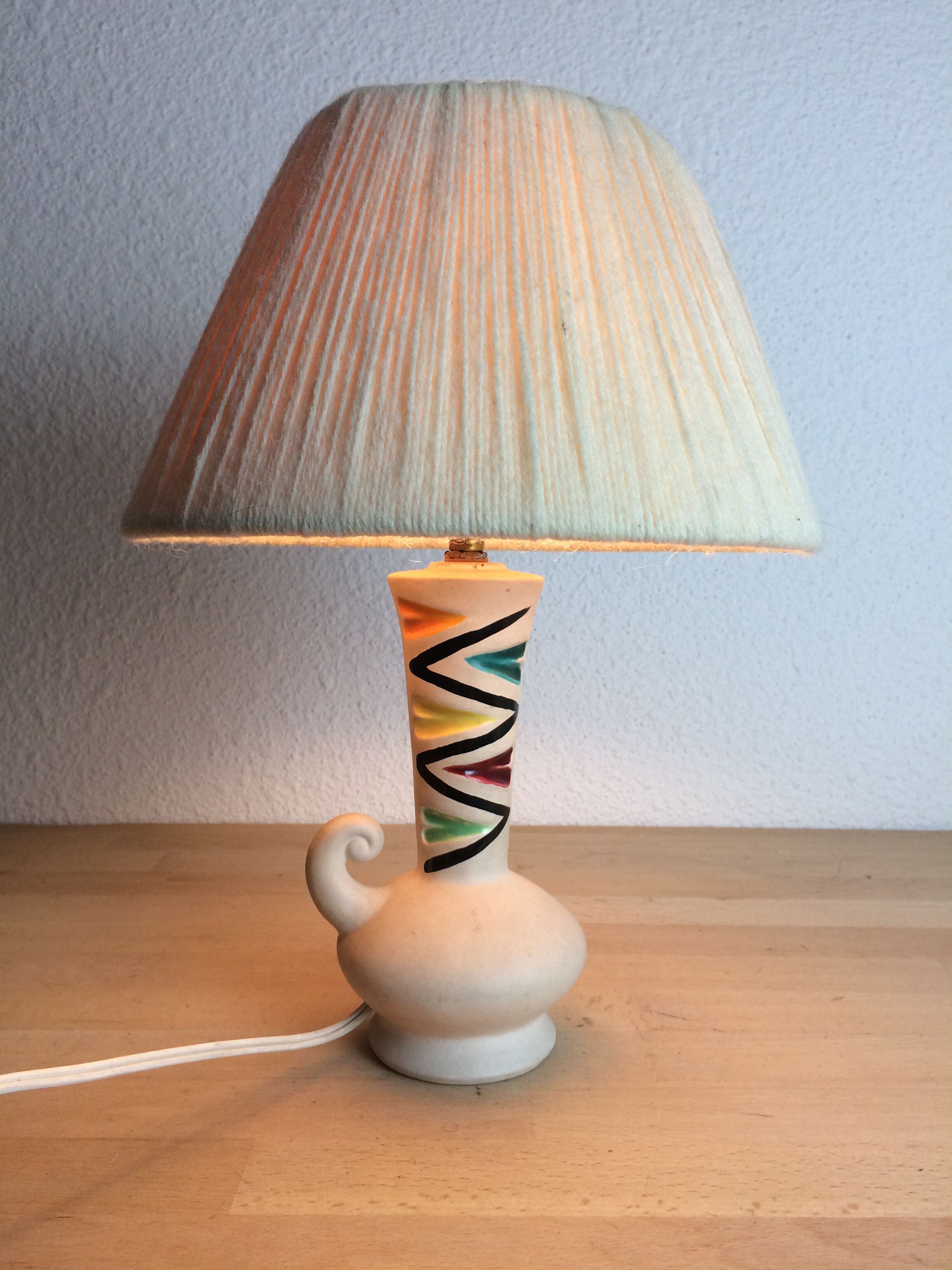 Ceramic lamp 60s and lampshade white wool