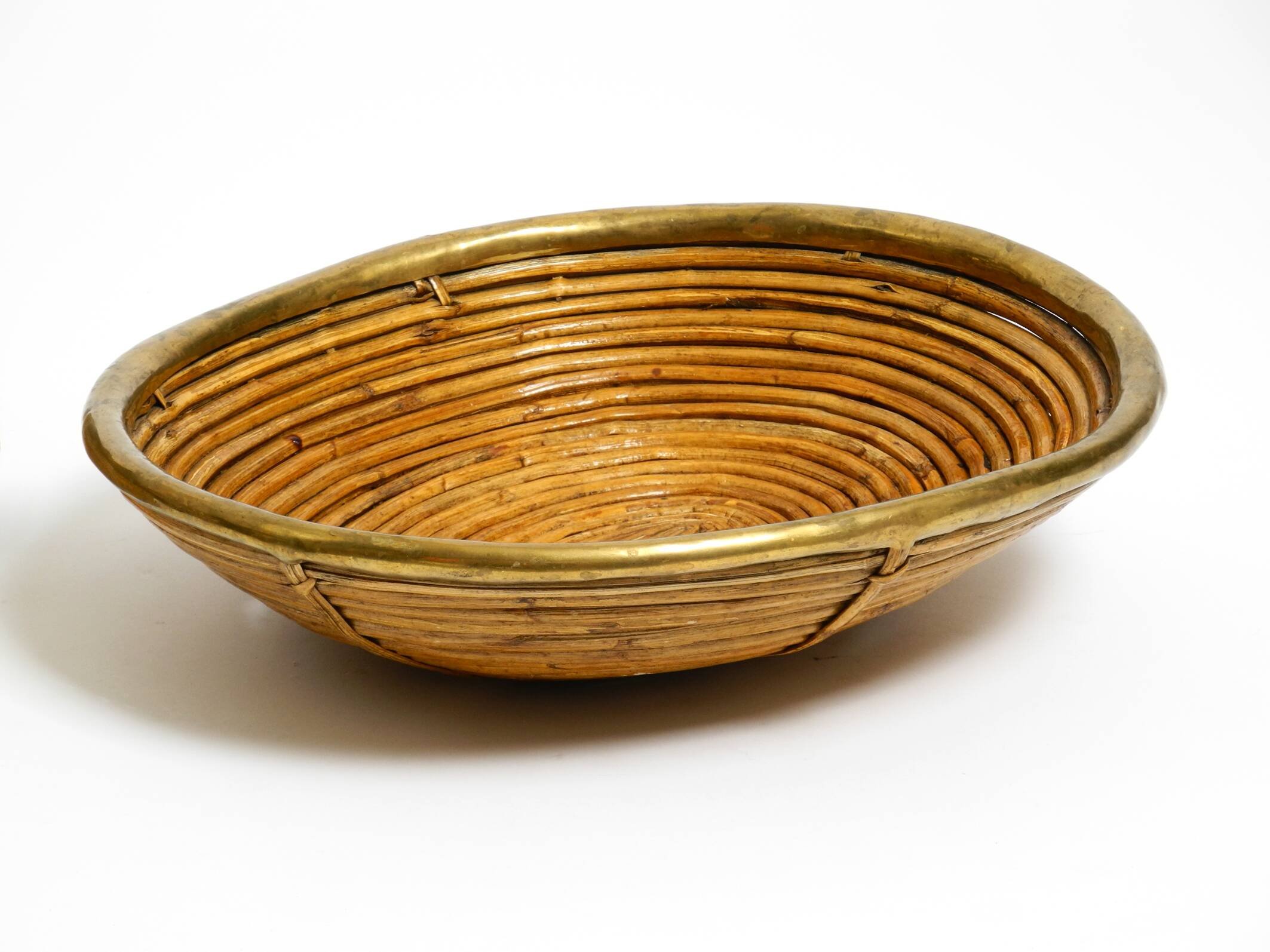 A pair of beautiful Italian Mid Century Modern bamboo bowls with brass rims