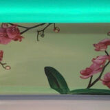 Cake dish with fuchsia orchids