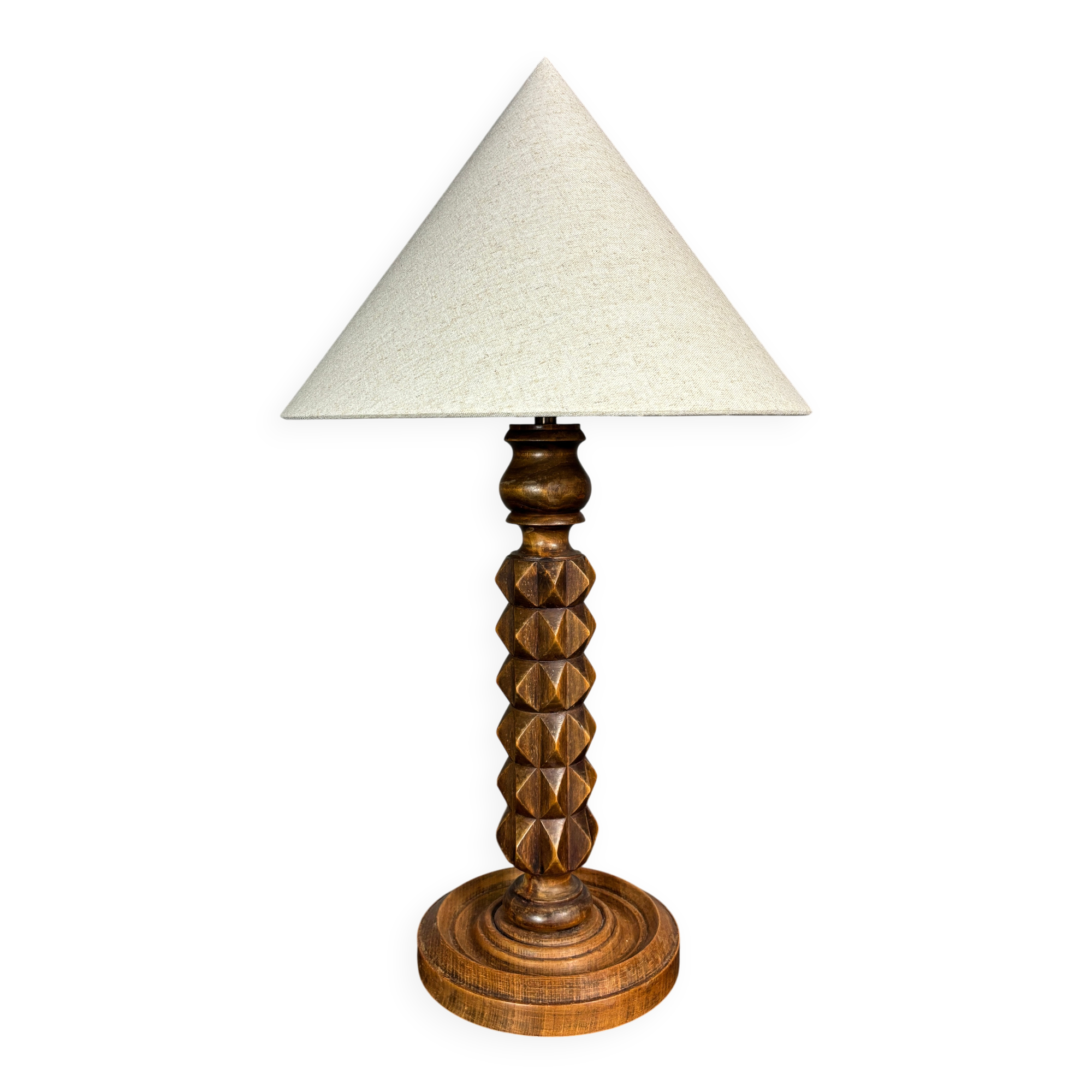 Brutalist Wood Turned Table Lamp in the style of Charles Dudouyt, 1950s