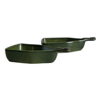 2 large ceramic ramekins, green bottle design