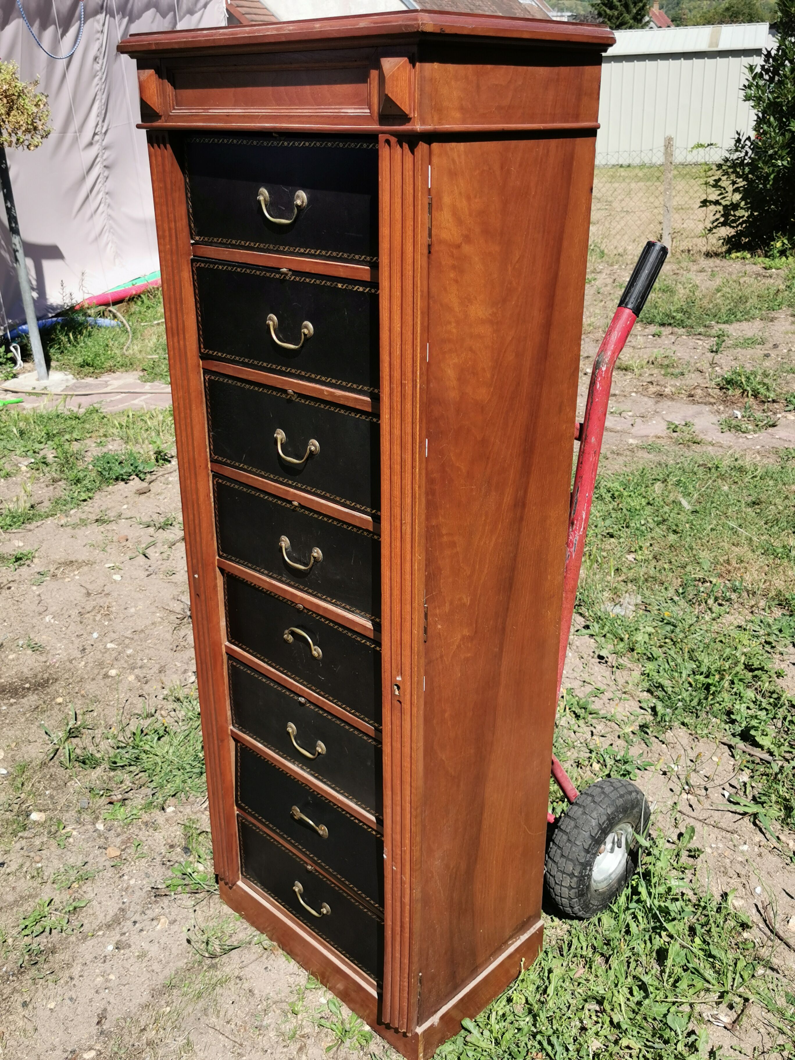 vintage cardboard dresser ROOM IN A BOX paired with a distressed wood finish Includes 7 drawers in varied sizes Oak Cardboard Box Cabinet, 1900s