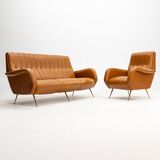 Three-seater sofa in skai with brass feet in the style of Marco Zanuso, 1950s