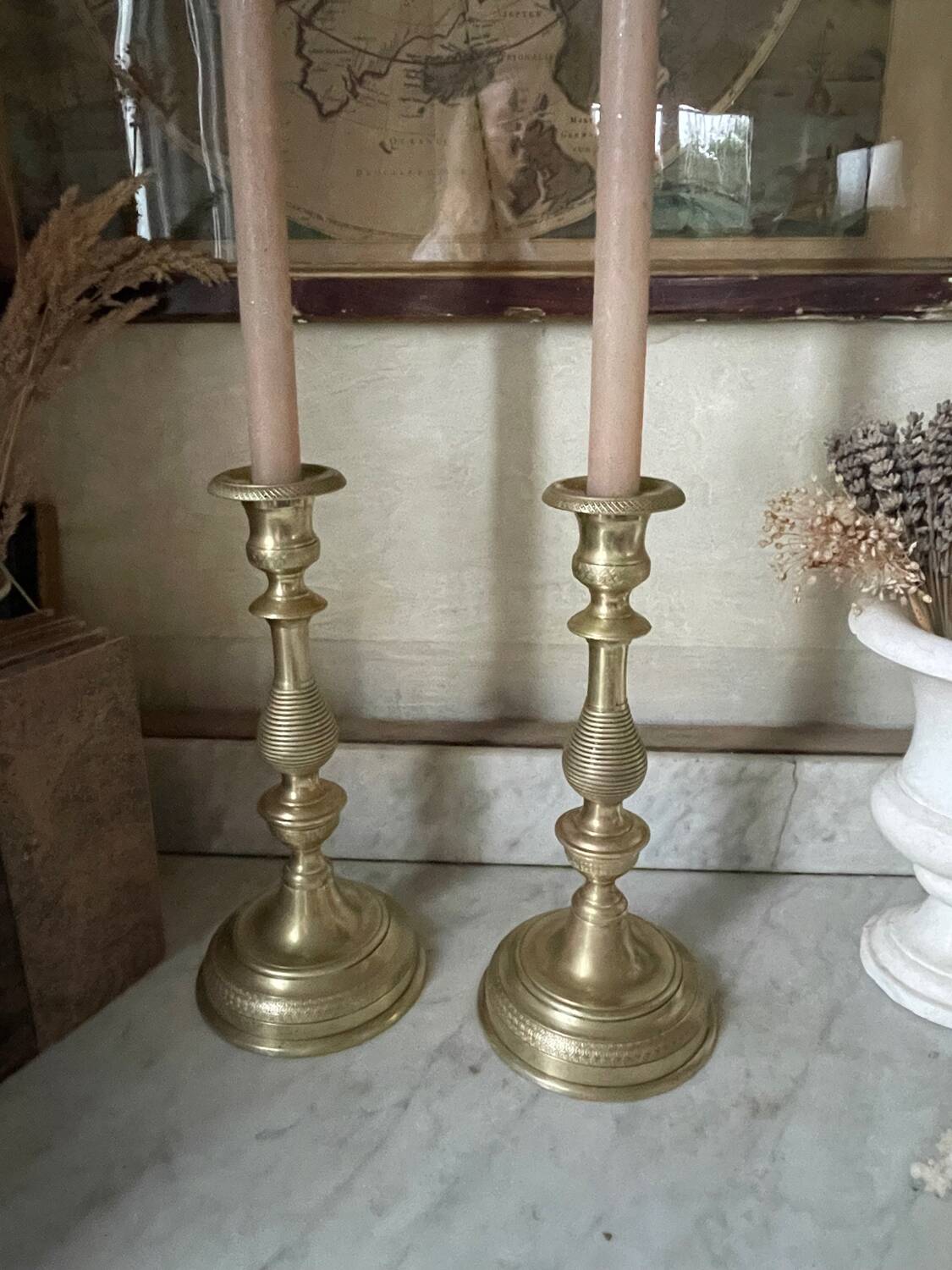 Antique pair of gilded bronze candlesticks