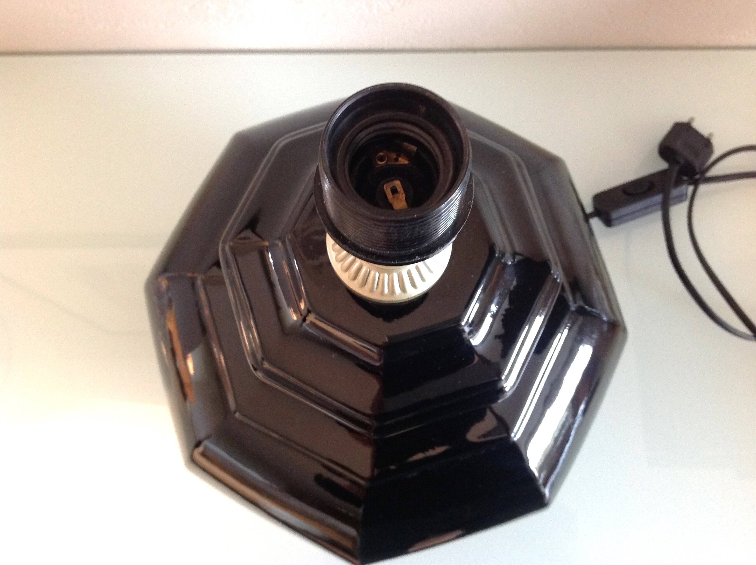 Octagonal black ceramic lamp and gold lampshade / vintage 70s