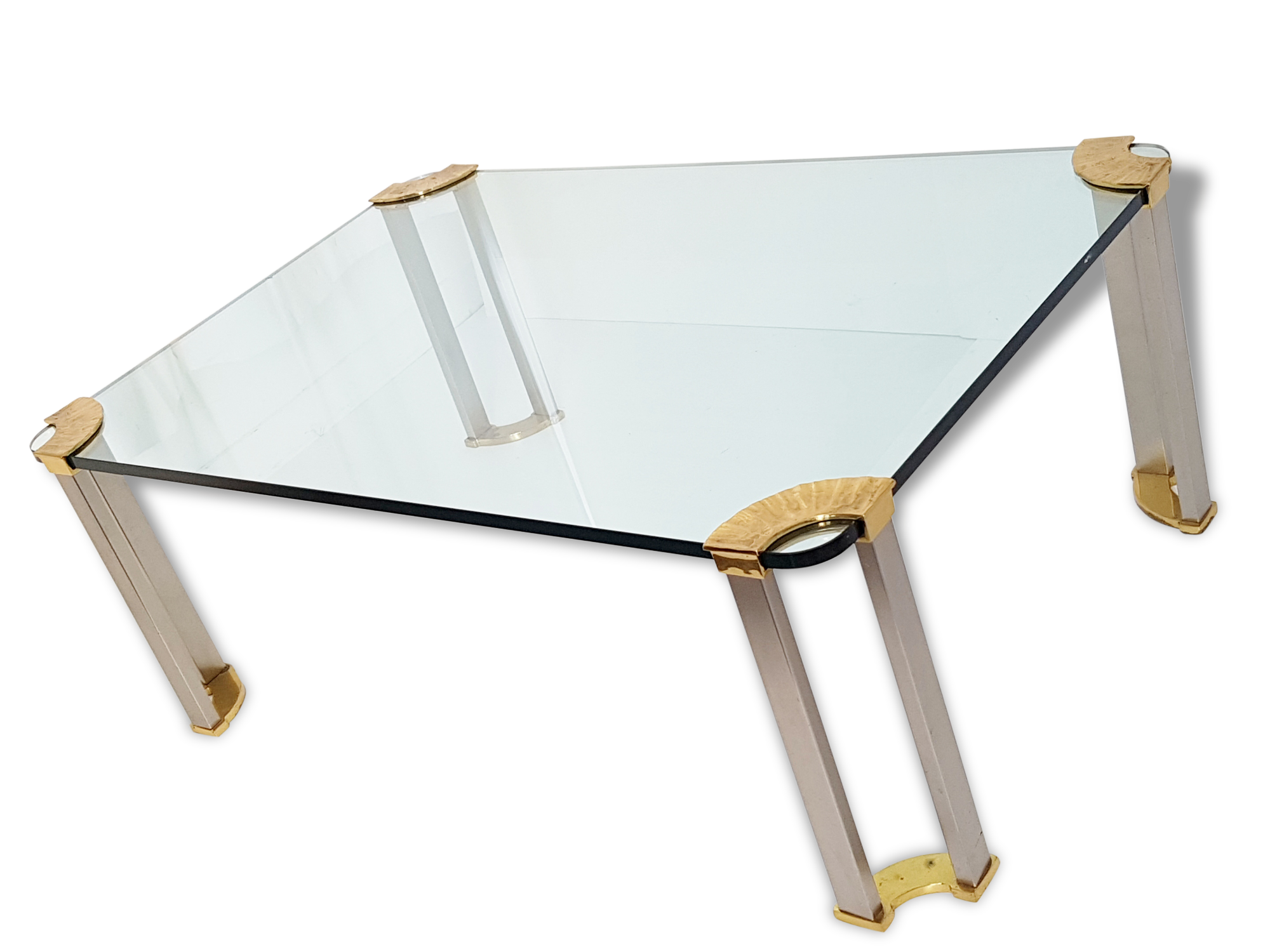 Coffee table glass, solid gold brass and brushed steel vintage seventies 70