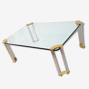 Coffee table glass, solid gold brass and brushed steel vintage seventies 70