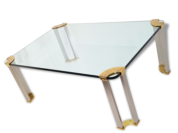Table basse 1970 en verre, laiton doré massif et acier brossé vintage