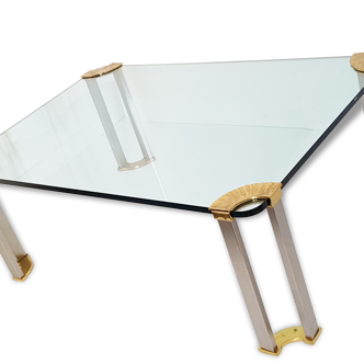 Coffee table glass, solid gold brass and brushed steel vintage seventies 70