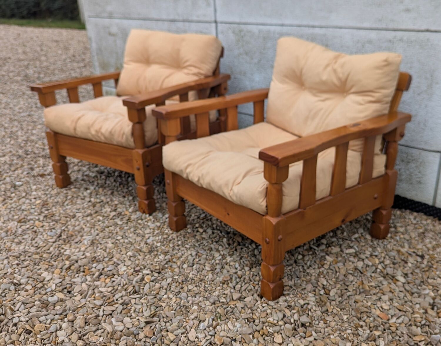 Pair of cosy vintage design chalet pine mountain armchairs.