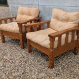 Pair of cosy vintage design chalet pine mountain armchairs.