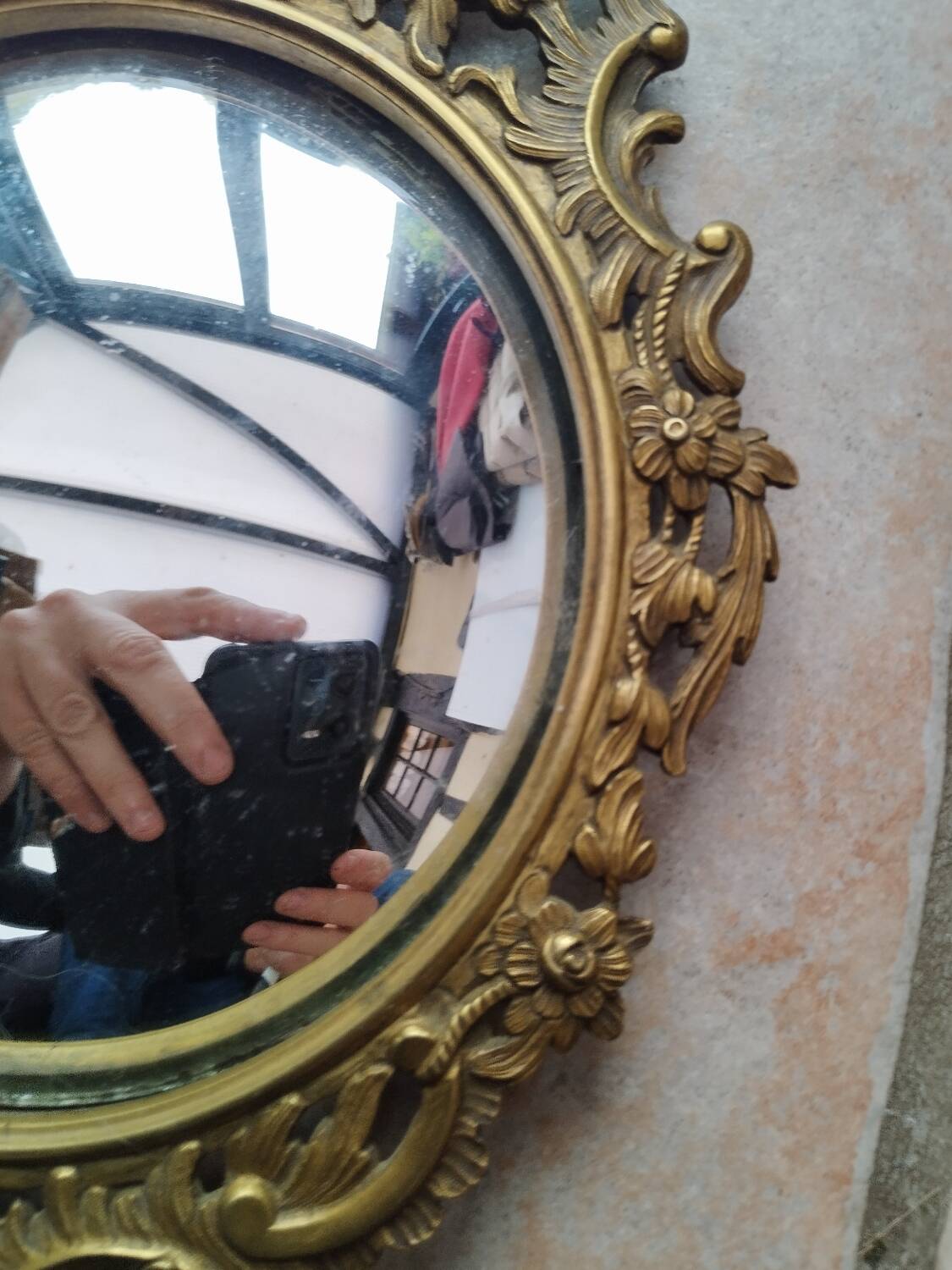 Pair of antique witch mirrors, curved glass, bronze frame