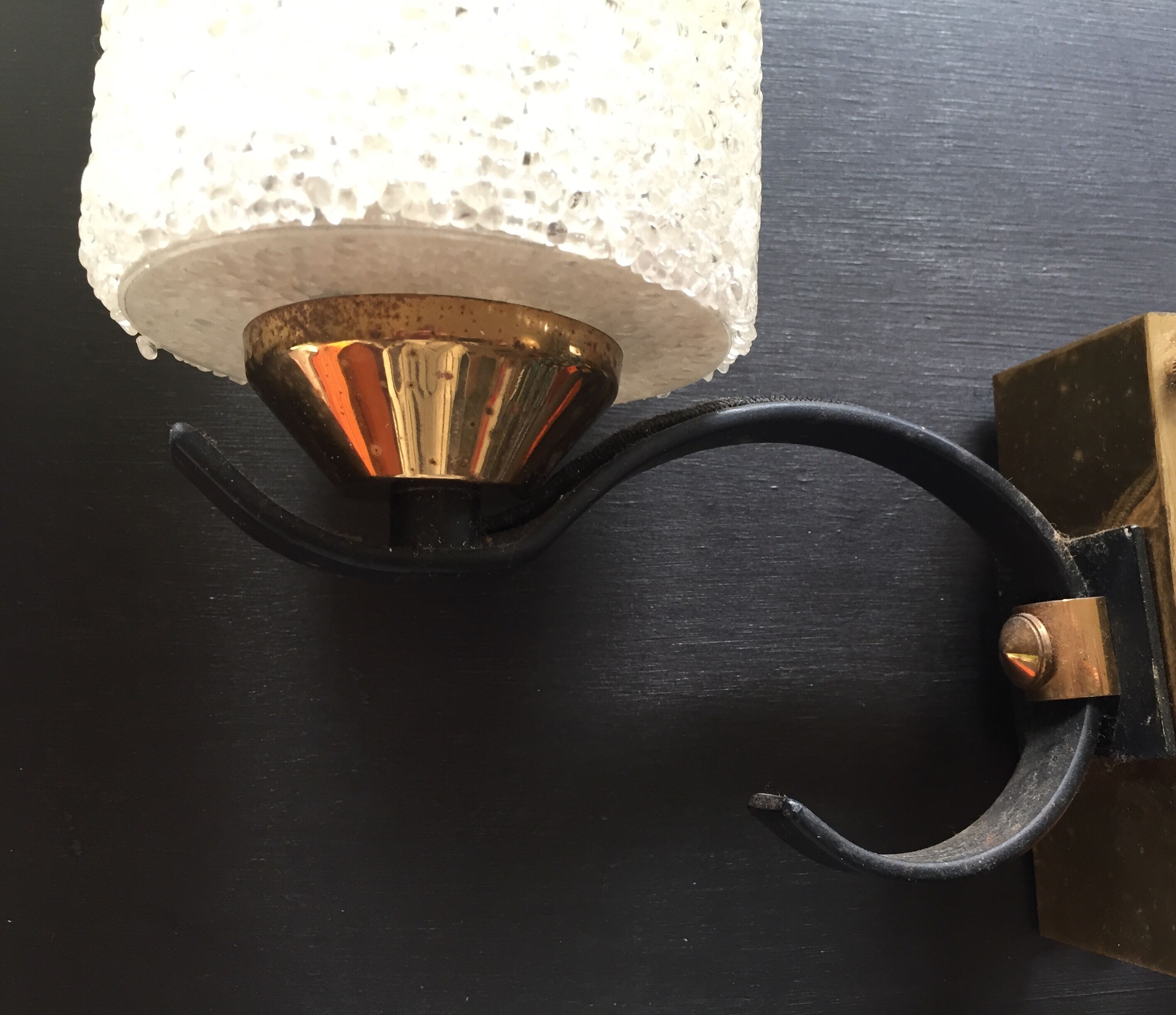 Pair of vintage wall lamps in pearl perspex and brass