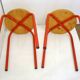 Pair of stools, red lacquered legs & wooden seat 1980s