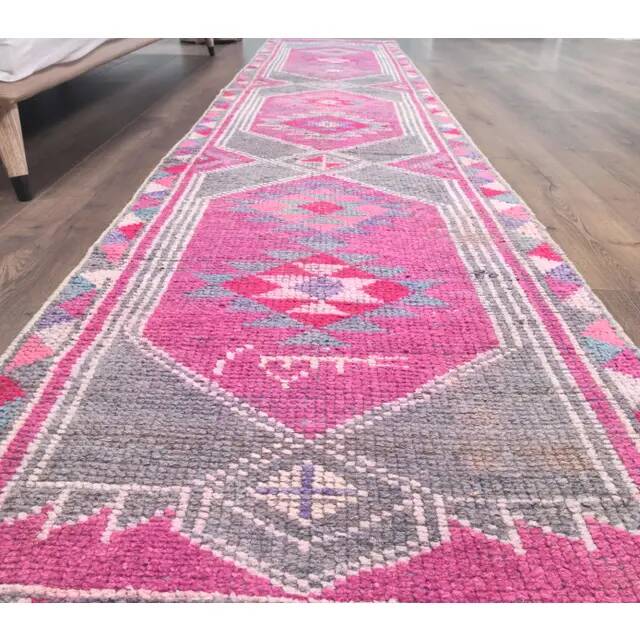 Pink-gray vintage Turkish hand-knotted tribal runner 79x390