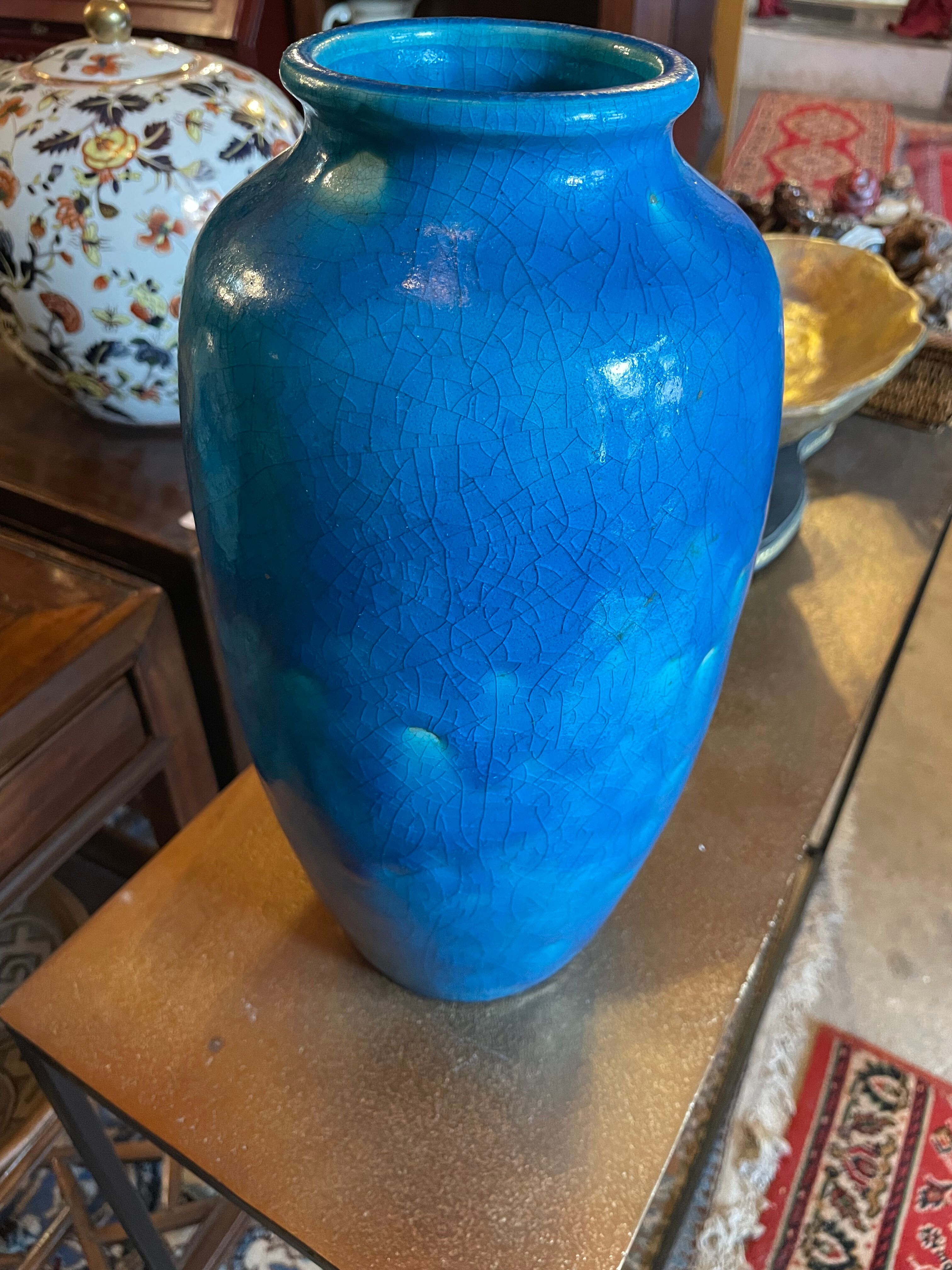 Raoul lachenal ceramic vase with egyptian blue cracked glaze with french baluster