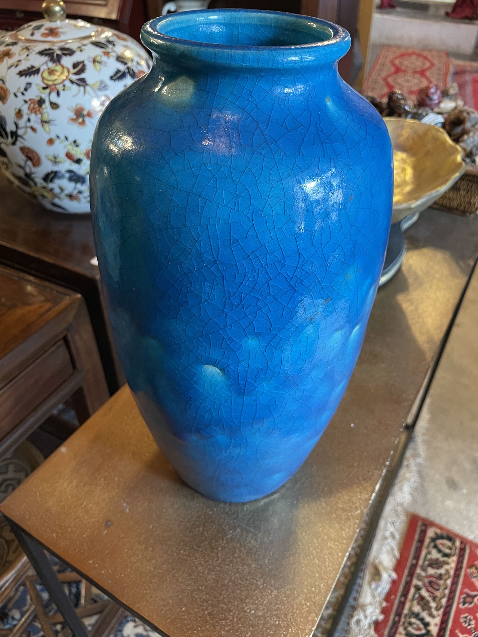 Raoul lachenal ceramic vase with egyptian blue cracked glaze with french baluster