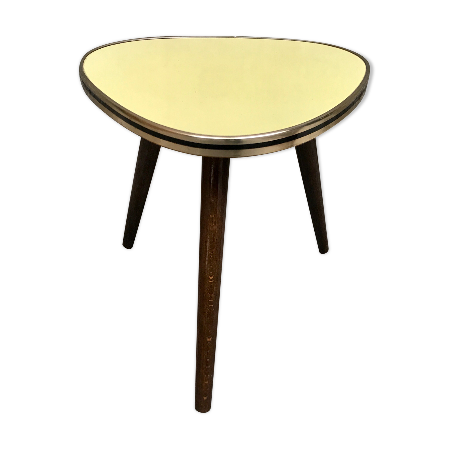 Guéridon triangulaire jaune vintage tripode 1950