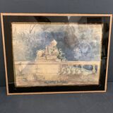 Aquarelle ancienne française signée, vue de jardin et sculpture, d'époque 19eme