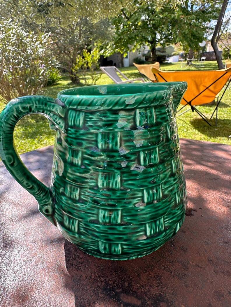Vintage Pitcher Digoin & Sarreguemines France – Glazed Green Ceramic